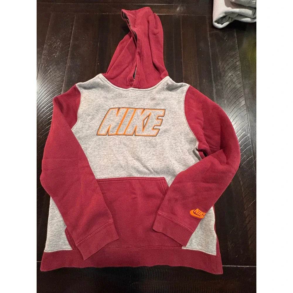 Nike Kids Pullover Hoodie Maroon Gray Colorblock Logo Sweatshirt Size Large L